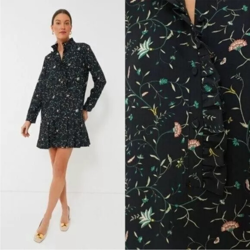 Tuckernuck Campden Dress Vine Tate Black Long Sleeve Pleated Mini Sz M NEW